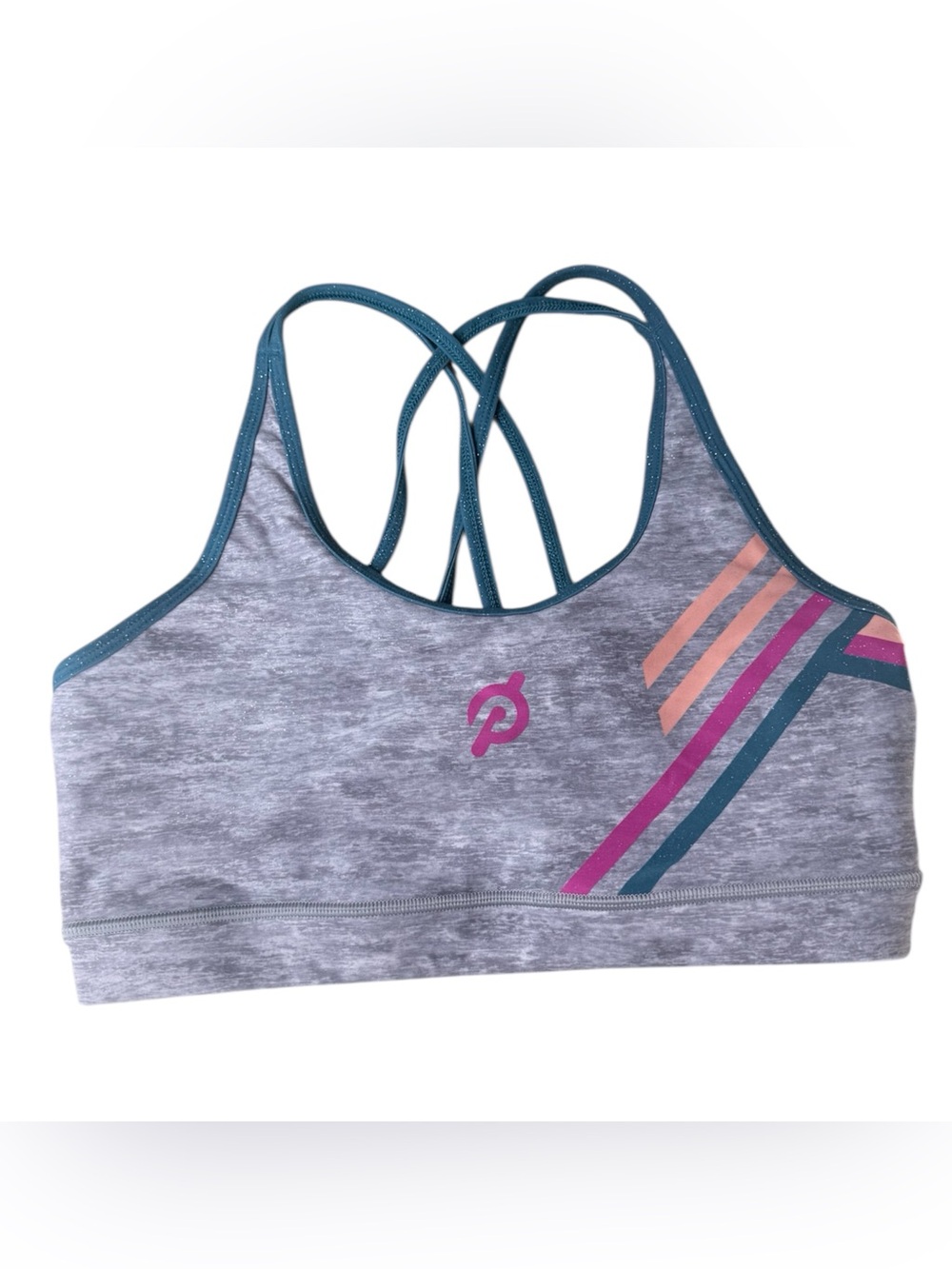 Peloton Heather Gray Sports Bra with Pink and Teal Stripes